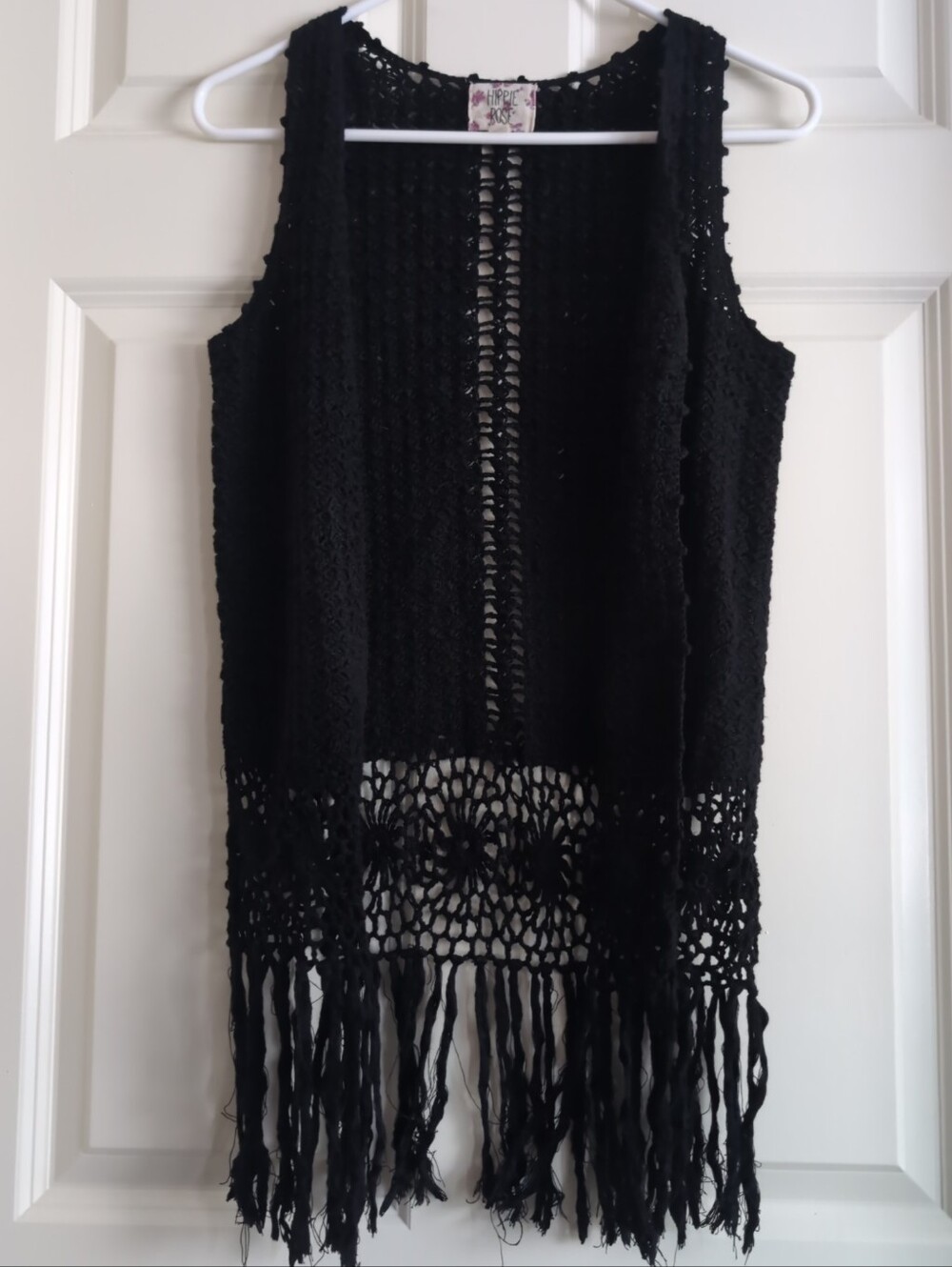 Black cotton ramie crochet fringe vest